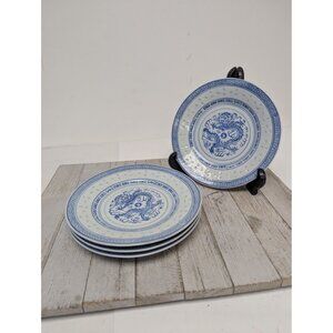 Chinese JingDeZhen Blue White Porcelain Rice Grain Dragon 7" Salad Plates Set 4